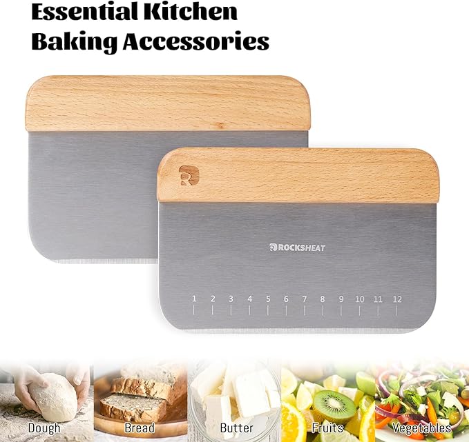 ROCKSHEAT Bench Scraper & Chopper, Stainless Steel Dough Cutter with Wooden Handle, Thick Sharp Blades Pizza Bread Cutter, Multipurpose Kitchen Tool for Baking Cooking