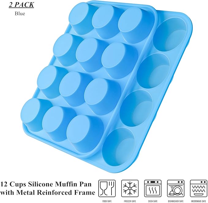Bangp Silicone Muffin Pan for Baking with Steel-reinforced Rim,2 Pack,Blue