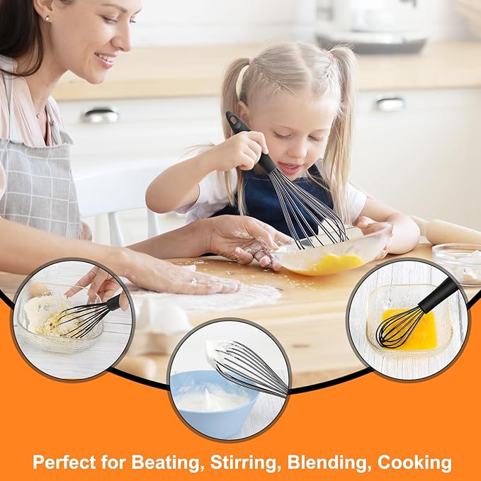 HOTEC 4 Pieces Silicone Whisks Set, Wire Balloon Whisks for cooking Egg Beater, Non-slip Handle Whisk for Non-stick Cookware Perfect for Cooking, Stirring, Beating and Blending,Black