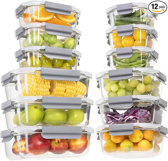 S SALIENT 24 Pieces Glass Food Storage Containers with Lids,Glass Meal Prep Containers Set with Locking Lid,Airtight Glass Lunch Container for Kitchen,BPA Free(12 Lids & 12 Containers)
