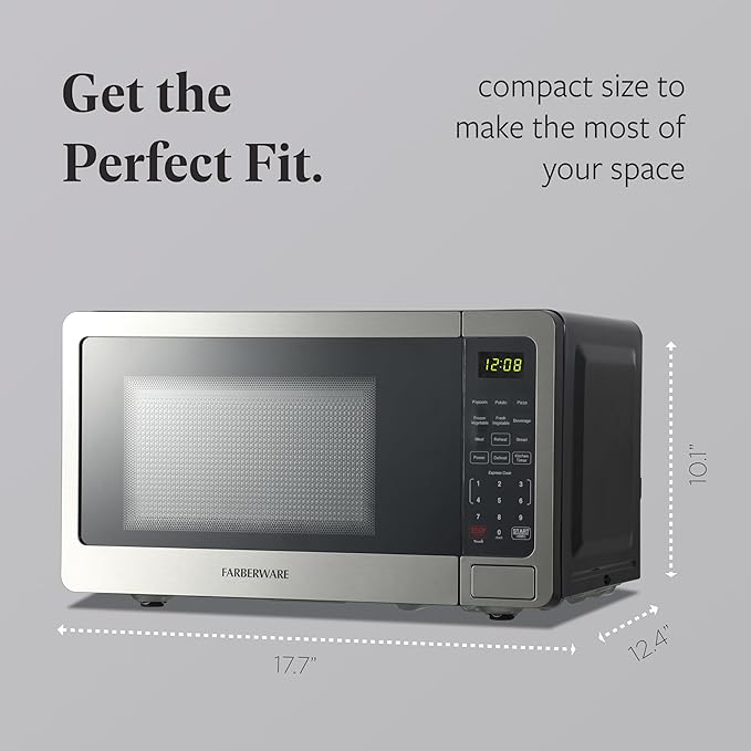 Farberware 0.7 Cu. Ft. Stainless Steel Microwave Oven, 700-Watt with LED Display, 10 Power Levels, 8 Auto-Cook Presets, Express Cooking, Weight & Time Defrost