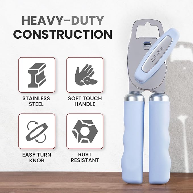 Zulay Kitchen Heavy Duty Stainless Steel Can Opener Manual with Bottle Opener - Rust Proof Manual Can Opener With Turn Knob & Comfy Soft Grip Handles - Light Blue