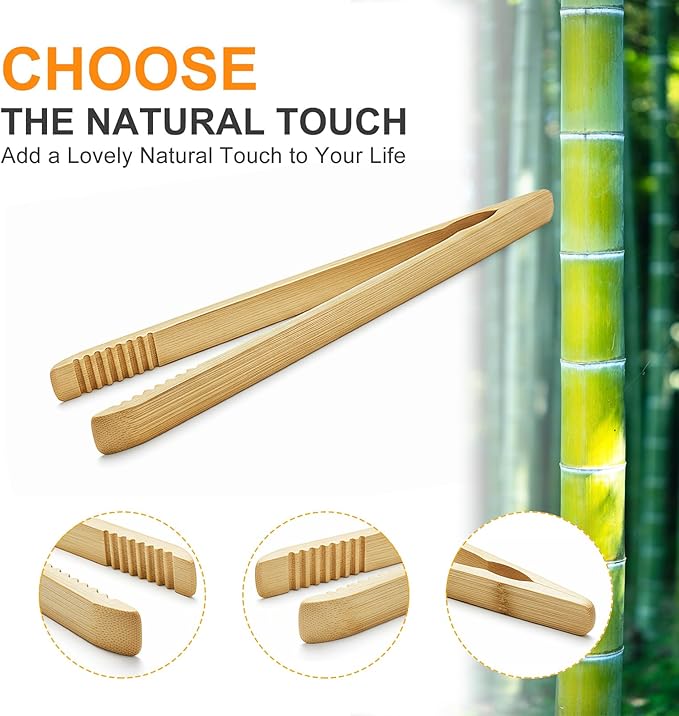 LKNNEASTO 2 Pack Premium Bamboo Toaster Tongs, 10 Inches Natural Wooden Tongs with Serrated Tips for a Secure Grip on Toast, Bagels, Pastries, and Salads, Reusable for Cooking & Serving