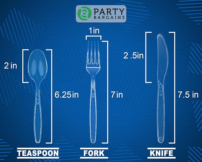 PARTY BARGAINS Disposable Cutlery Set 1440-Piece – Sapphire Settings Clear Plastic Forks Spoons Knives – Heavy-Duty Utensils for Parties Catering Weddings & Events – BPA Free