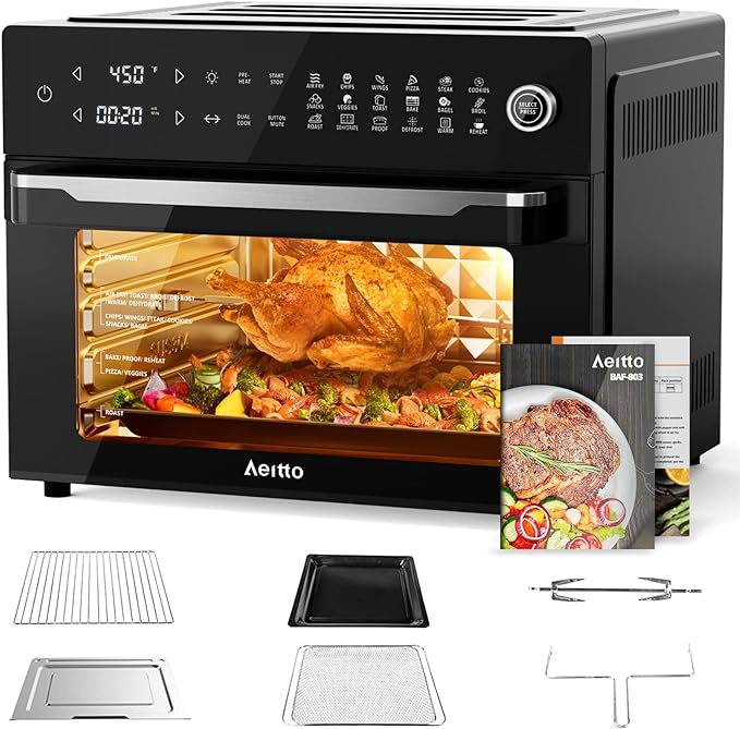 Aeitto® 32-Quart PRO Large Air Fryer Oven| Toaster Oven Combo | with Rotisserie, Dehydrator and Full Accessories | 19-In-1 Digital Airfryer | Fit 13" Pizza, 9pcs Toast, 1800w, Black