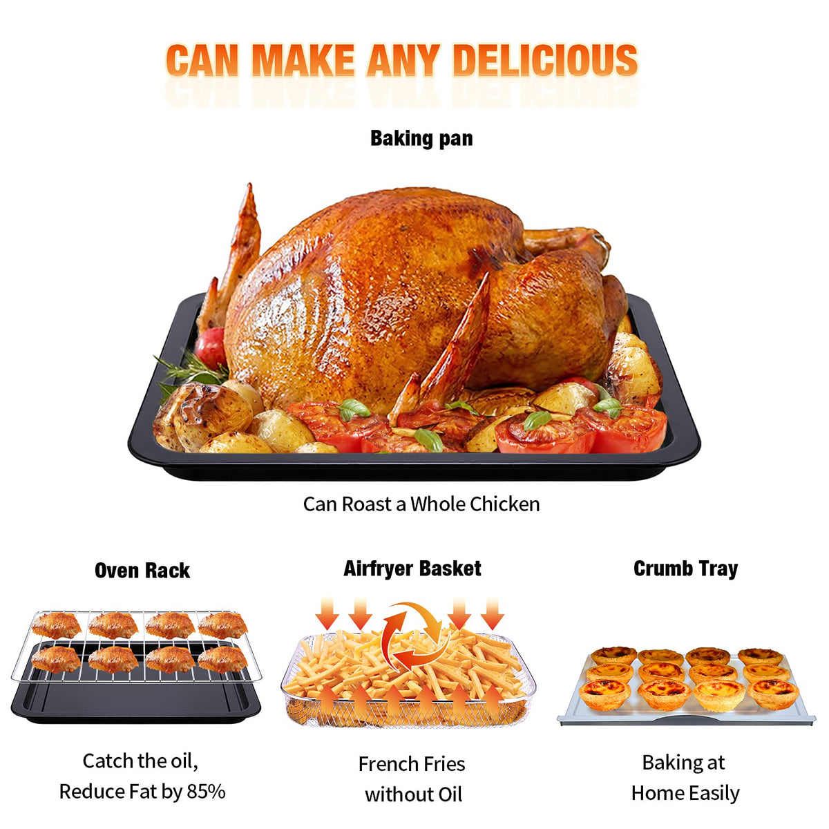 Geek Chef Air Fryer Toaster Oven 26 QT, Large AirFryer Convection Countertop Oven Combo with Easy Bake, Roast, Broil, Warm, 6 Slice Toast 7-in-1 Functions, 3 Layers with 4 Accessories,Stainless Steel