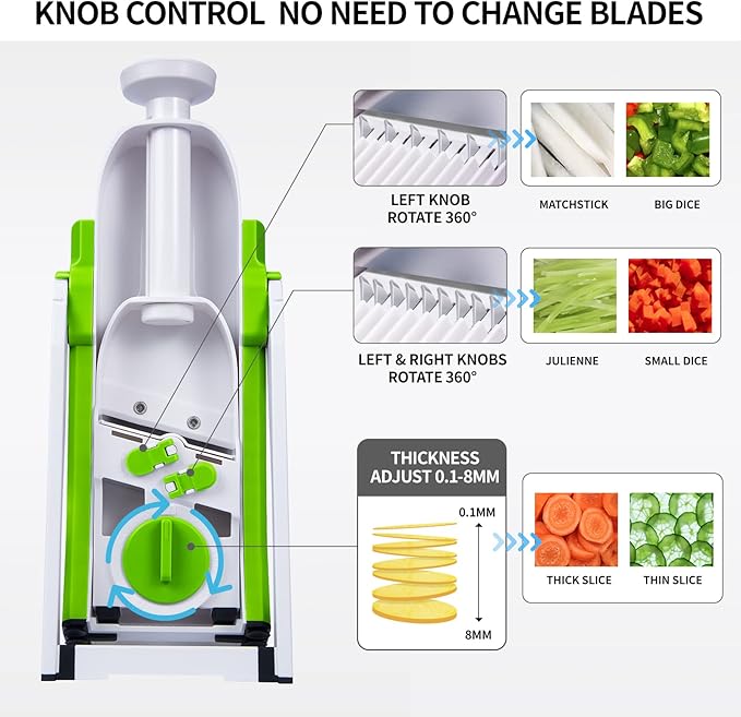 QYKIC Safe Mandoline Slicer 5 in 1 Vegetable Chopper Food Potato Cutter, Strips Julienne Dicer Adjustable Thickness 0.1-8 mm Kitchen Chopping Artifact Fast Meal Prep