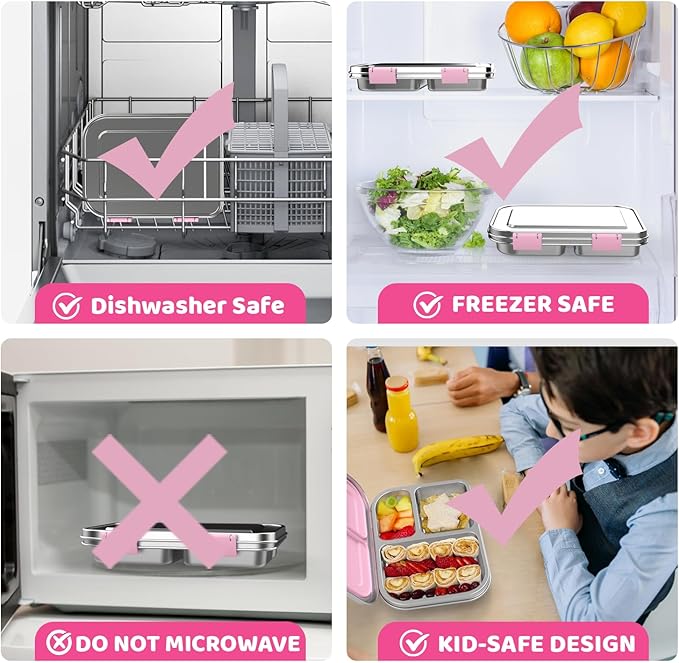 TOURPOR Stainless Steel Bento Box for Kids 1000ml - 3 Compartment Lunch Box for Adults, Leakproof Food Container, BPA-Free Metal Lunch Box with Silicone Seal, Eco-Friendly/Dishwasher Safe (Pink)