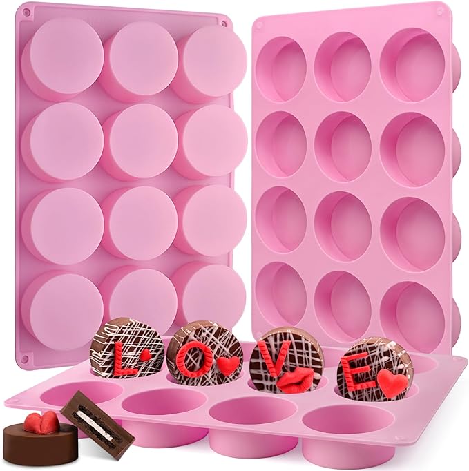 Actvty Round Chocolate Cookie Molds, 3 Pieces 12-Cavity Cylinder Chocolate Silicone Molds for Covered Cookie, Cookies Candy Jelly Mini Cakes and Muffin Baking(Pink)