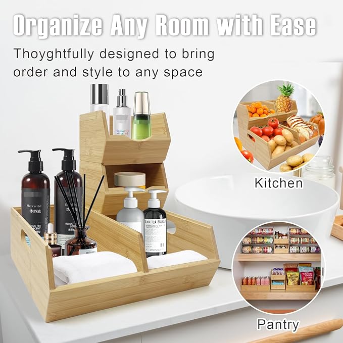 MinBoo Bamboo Stackable Pantry Storage Bins Potato and Onion Storage,Fruit Basket for Pantry Organization,Fruit Bowl for Kitchen Counter,Fruit and Vegetable Storage (Bamboo)