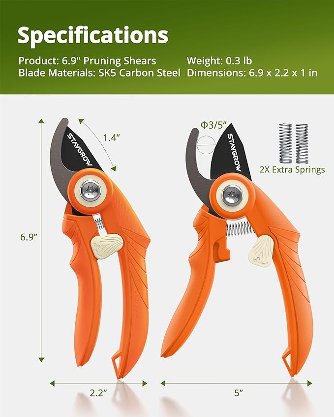 STAYGROW Garden Shears 6.9" Pruning Shears for Gardening Orange
