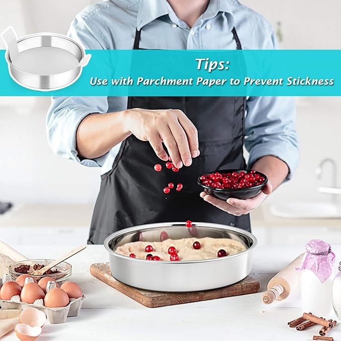 P&P CHEF 9.5 Inch Round Cake Pan Set of 3, Stainless Steel Baking Cake Pans