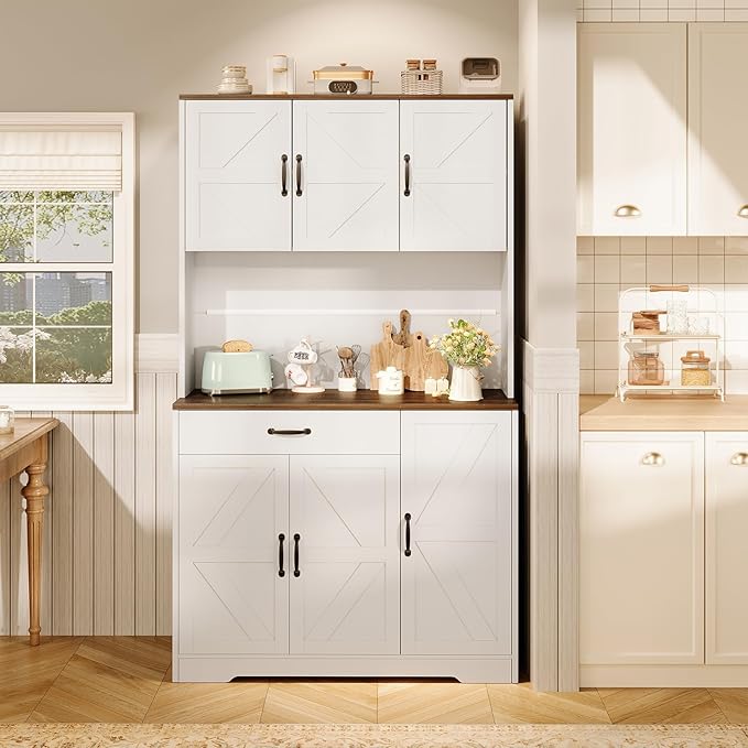 GRUSIGN 71" Pantry Cabinet with Charging Station, Large Capacity Kitchen Hutch Storage Cabinet, Kitchen Cabinet with Microwave Stand, Storage Drawers & Adjustable Shelves for Dining Room, Cream-White