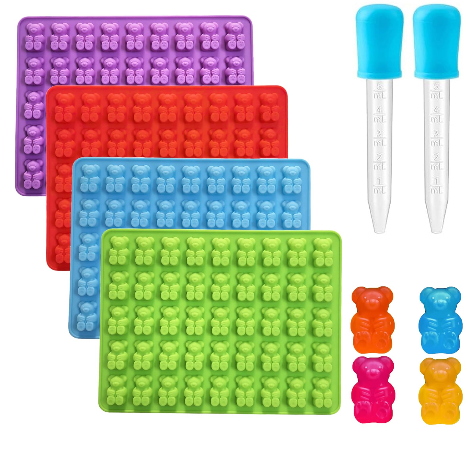 Gummy Candy Molds - 4Pcs Silicone Gummy Bear Molds With 2pcs Dropper,Non-stick and Bpa Free for Mini Candy Chocolate Gummies Baking