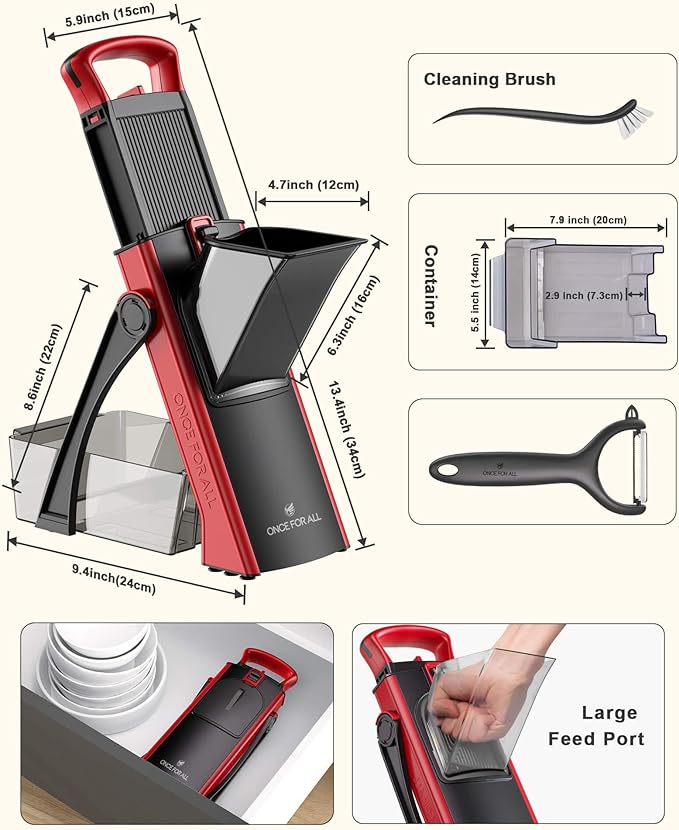 ONCE FOR ALL Safe Mandoline Slicer Plus with Peeler, Bigger Size, Red