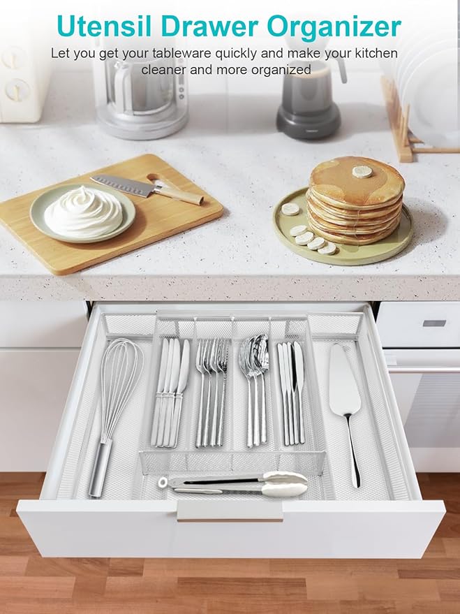 Sedegn Expandable Kitchen Utensil Organizer - 9.6" to 16.1" Adjustable Cutlery Tray with 5-7 Compartments - Fits Various Drawer Sizes & Holds Large Ladles Spatulas Forks Spoons & Knives White