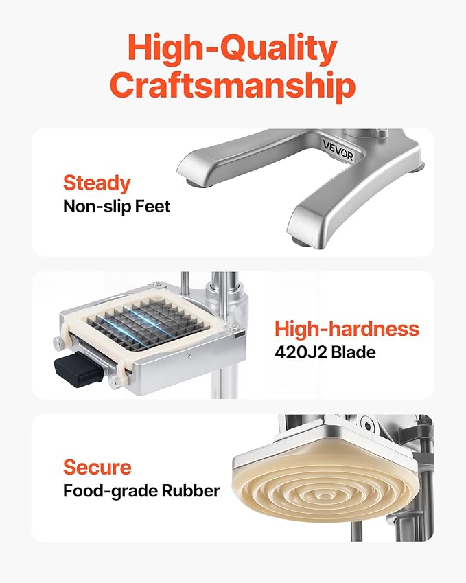 VEVOR French Fry Cutter, Ergonomic Potato Slicer with 3 Blades (1/2", 3/8", 1/4") & Juicer Plate, Easy-Replace Vegetable Chopper Dicer for Carrot, Onion, Lemon, Ideal for Home & Commercial Kitchens