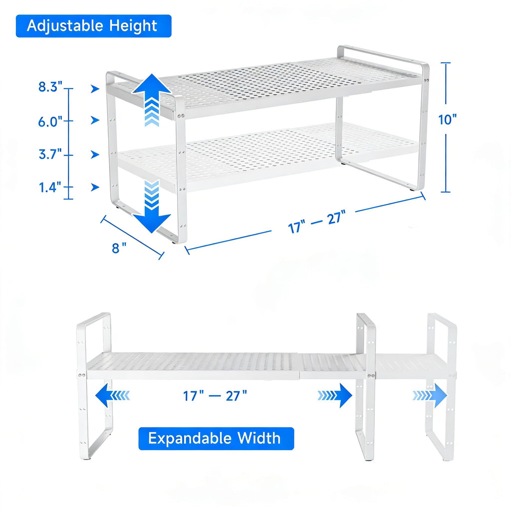 KIKIBRO Expandable Kitchen Shelf Organizers, Kitchen Cabinet Organizer Stand Rack Organization for Countertop Cupborad Pantry Spice Rack, White 1 Pack