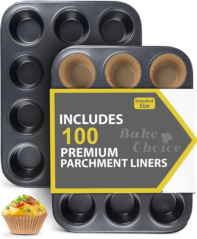 Bake Choice 2 Muffin Pan for Baking, Standard Cupcake Pan with 100 Liners