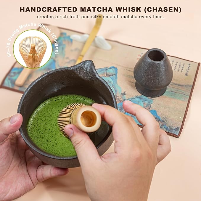 Matcha 7-Piece Set, Japanese Matcha Ceremony Kit with Chawan Bowl, Bamboo Whisk and Strainer, Great Gifts for Mom, Grandma, Wife, Women, Birthday, Mother’s Day, Graduation, Home Decor(Black)
