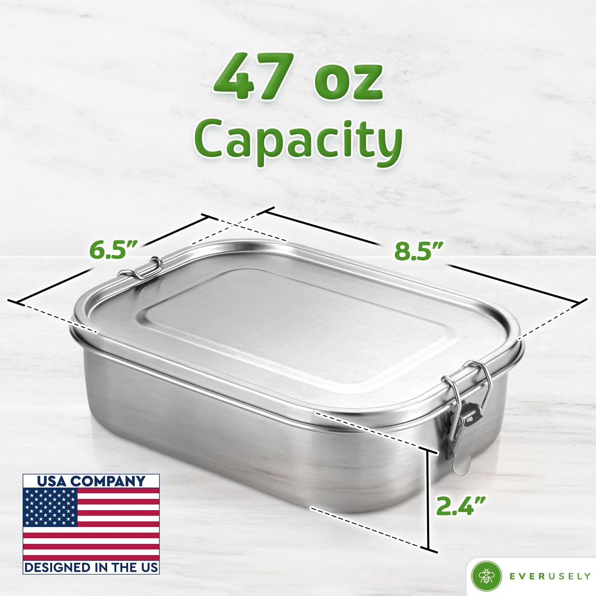 Bento Box - 47 oz - 5 Compartment Bento Box - Metal Lunch Box w/ Lock Clips
