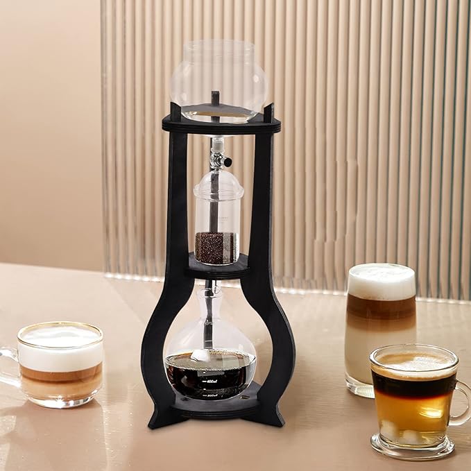 Uphilltool Cold Brew Drip Coffee Maker, 600ml/20.29 Ice Coffee Brewer Machine Cold-Drip Coffee Tower with Glass Container Wood Stand for Home Office