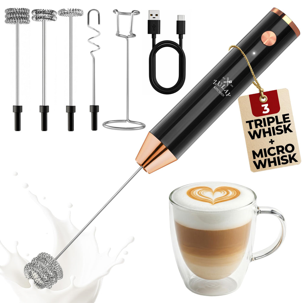 Zulay Kitchen Rechargeable Milk Frother Handheld - Frother Wand, Drink Mixer, Electric Whisk Frother, for Cappuccinos, Matcha & Protein Powder - Lux 4 Whisk 2 Speed Waterproof 2000mAh Black Copper