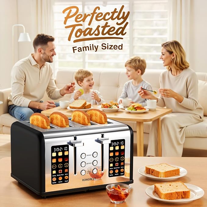 4 Slice Stainless Steel Toaster with 1.5" Wide Slots Digital Touchscreen, Even Toasting for Family Breakfast Bagel & Bread, Reheat & Defrost, Smart Touch Screen, Removable Crumb Tray, Matte Black