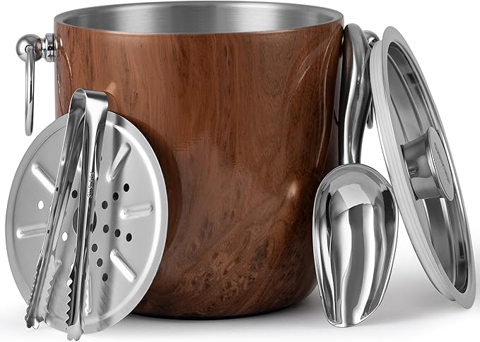 Golden Cudgel Insulated Ice Bucket, 3L Double Wall Stainless Steel Ice Bucket with Tongs,Lid, Scoop and Strainer, Ice Buckets for Parties,Cocktail Bars, Chilling Beer, Champagne, Wine Bottles,Wood