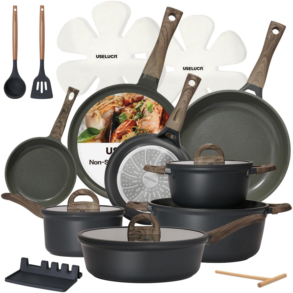 USELUCK Pots and Pans Set Non Stick Non-Toxic 22 Pcs Ceramic Cookware Sets Nonstick Kitchen Pot&Pan With Lid Stone Gray Granite Induction Compatible with Glass Lids Crepe Frying Pan PFOA/PFOS-Free