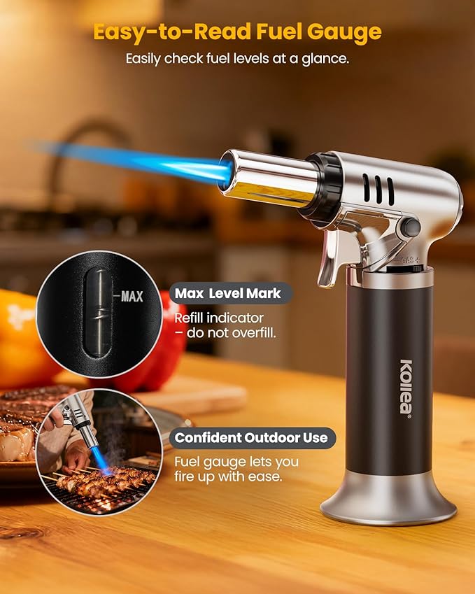 Kollea Culinary Torch, Refillable Butane Kitchen Torch, Lock, Silver-Black