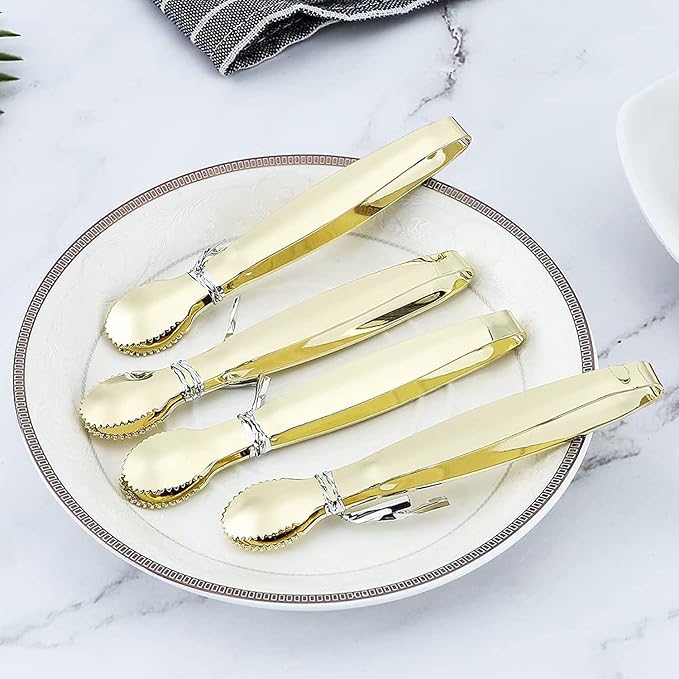 MSY BIGSUNNY 4 Inch Sugar Cube Tongs, Stainless Steel Mini Appetizer Tongs, Small Serving Tongs Tiny Food Clips for Tea Party, Coffee, Bar, Desserts - Set of 4, Gold