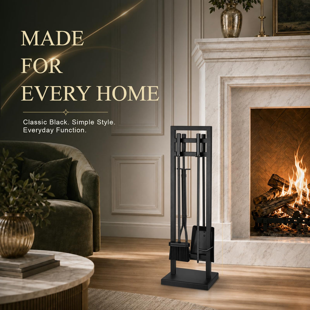FEED GARDEN 5-Piece Fireplace Tool Set, 30" One-Piece Stand, Wrought Iron