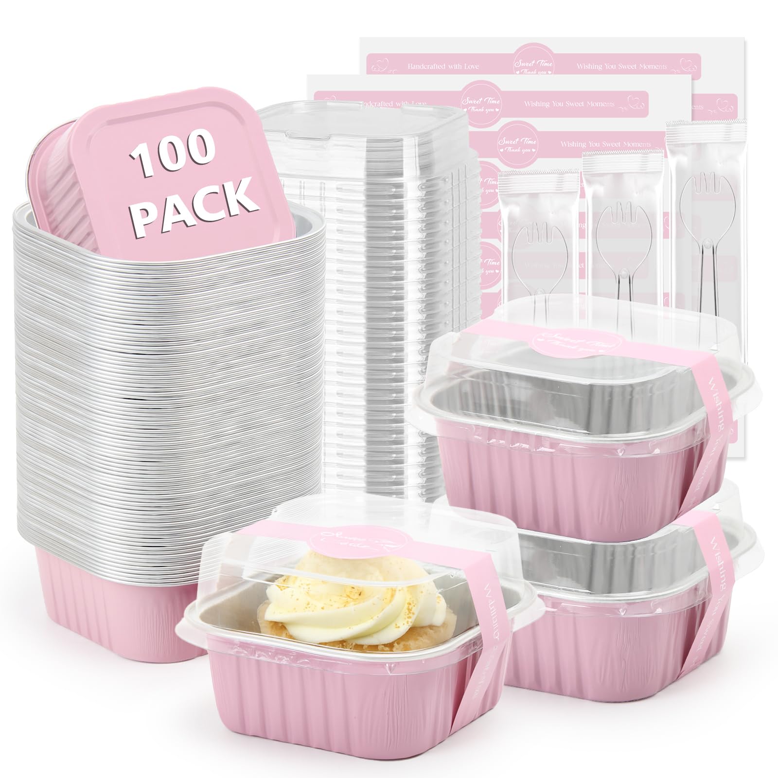Ruckae 5oz 100 Pcs Square Mini Loaf Pans with Lids-Disposable Foil Dessert Containers,Mini Cake Pans with Lids,Aluminum Dessert Cups for Parties and Weddings (Pink, 5oz)