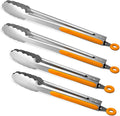 304 Stainless Steel Locking Kitchen Tongs, 9 & 12 Inch, 4-Piece, Orange
