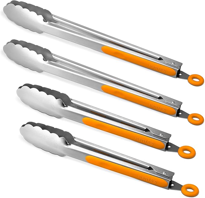 304 Stainless Steel Locking Kitchen Tongs, 9 & 12 Inch, 4-Piece, Orange