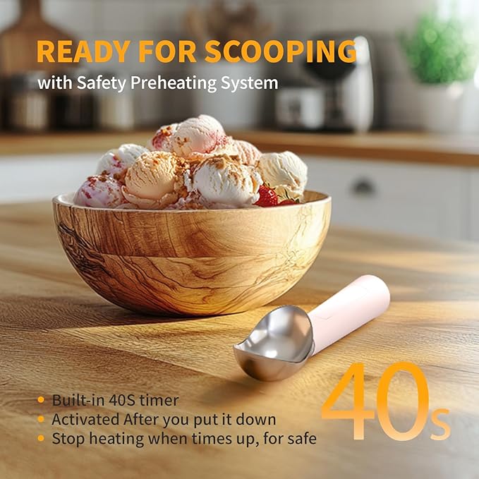 Heated Ice Cream Scoop, Rechargeable Electric Scooper for Hard IceCream, Self Warming Spoon Max to 158℉, Rust-Proof, anti freeze handle, Easy to Clean