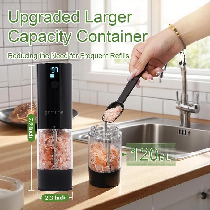 BCTILOP 2Pack Electric Salt and Pepper Grinder Set with Power Display, USB Rechargeable Automatic Salt & Pepper Mills, Adjustable Coarseness, 120ml Larger Capacity with LED Light (Black Set)