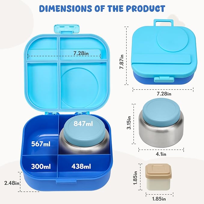BOSEDSANG Bento Lunch Box for Kids with 12oz Soup Thermo,4 Compartments Lunch Box Containers Kids, Spoon&Sauce Jar, BPA Free&Leak proof,Insulated Food Jar for Travel((Blue)
