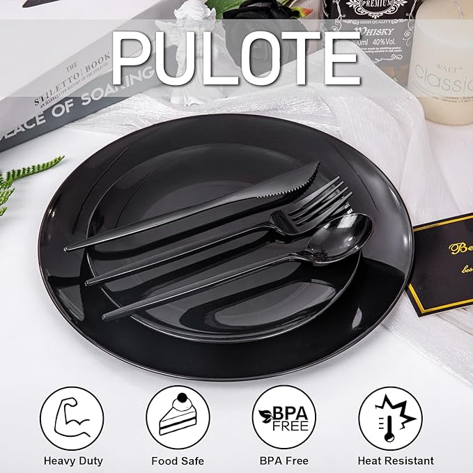 PULOTE 150PCS Black Plastic Silverware Set Disposable - Heavy Duty Black Plastic Cutlery - Black Plastic Utensils Set Include 50 Forks,50 Spoons,50 Knives for Party&Graduation