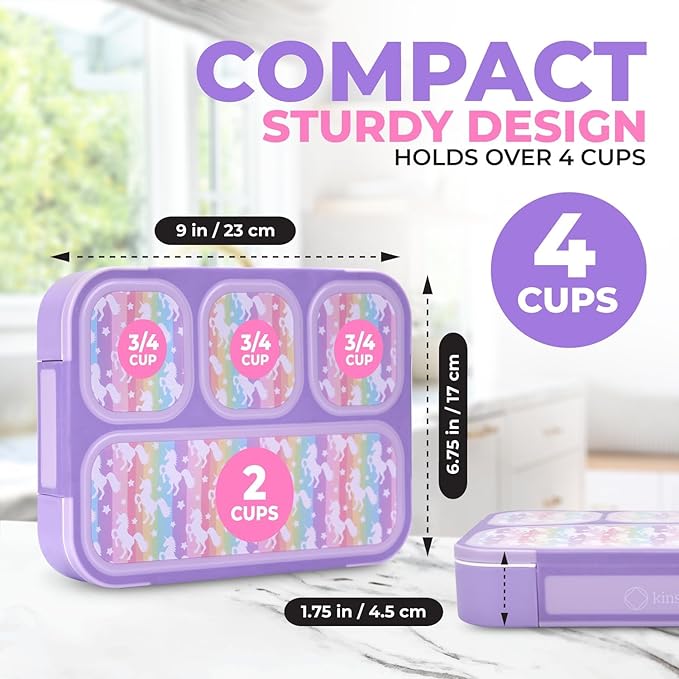 kinsho Bento Lunch Box with Insulated Bag, Ice Pack and Accessories for Girls. Snack Containers with 4 Compartment Dividers for Toddlers Pre-School Daycare BPA Free Set, Utensils, Rainbow Unicorn