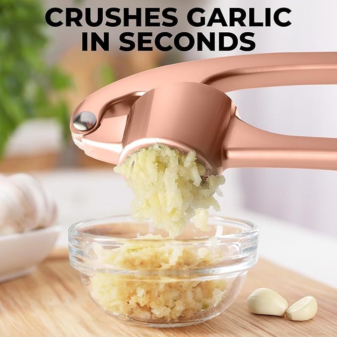 Zulay Kitchen Large Premium Garlic Press Set - Bigger Bowl for Bigger Garlic - Rust Proof Garlic Mincer Tool - Easy-Squeeze, Easy-Clean Silicone Garlic Peeler & Brush (Rose Gold)