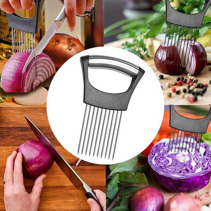 Vyooxcy Stainless Steel Onion Holder for Slicing ，Meat Tenderizer，Fruits Veg Meat Onion Cutter for Slicing and Storage of Avocados Lemon Potato Tomato and Other Meat Stalking Fork, MINI, Silver