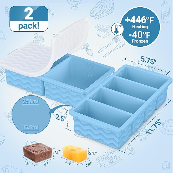 Silicone Freezer Trays with Lid for Soup, 1-Cup & 2-Cup Large Ice Cube Molds Food Storage Containers for Meal Prep, Freeze 500mL/250mL/125mL Portions – 2 Pack