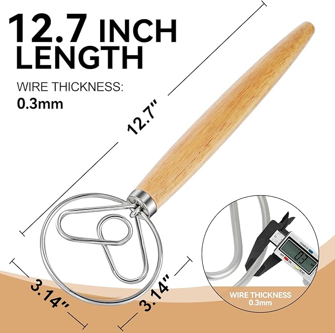 ANMIOU Danish Dough Whisk Dutch Bread Mixer Stainless Steel Hook Wooden Handle Baking Tools for Sourdough Pizza Pastry Cake Batter Making