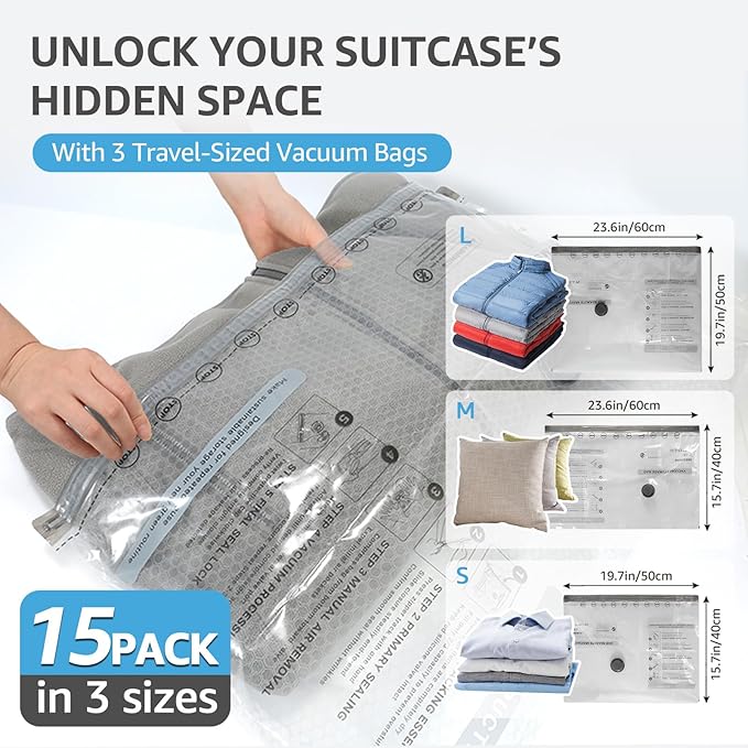 15+1 Packs Vacuum Bags for Travel with Rechargeable Pump, 3 Sizes Vacuum Seal Bags for Clothing, Compression Vacuum Travel Bags for Luggage, Vacuum Packing Bags for Closet Organization