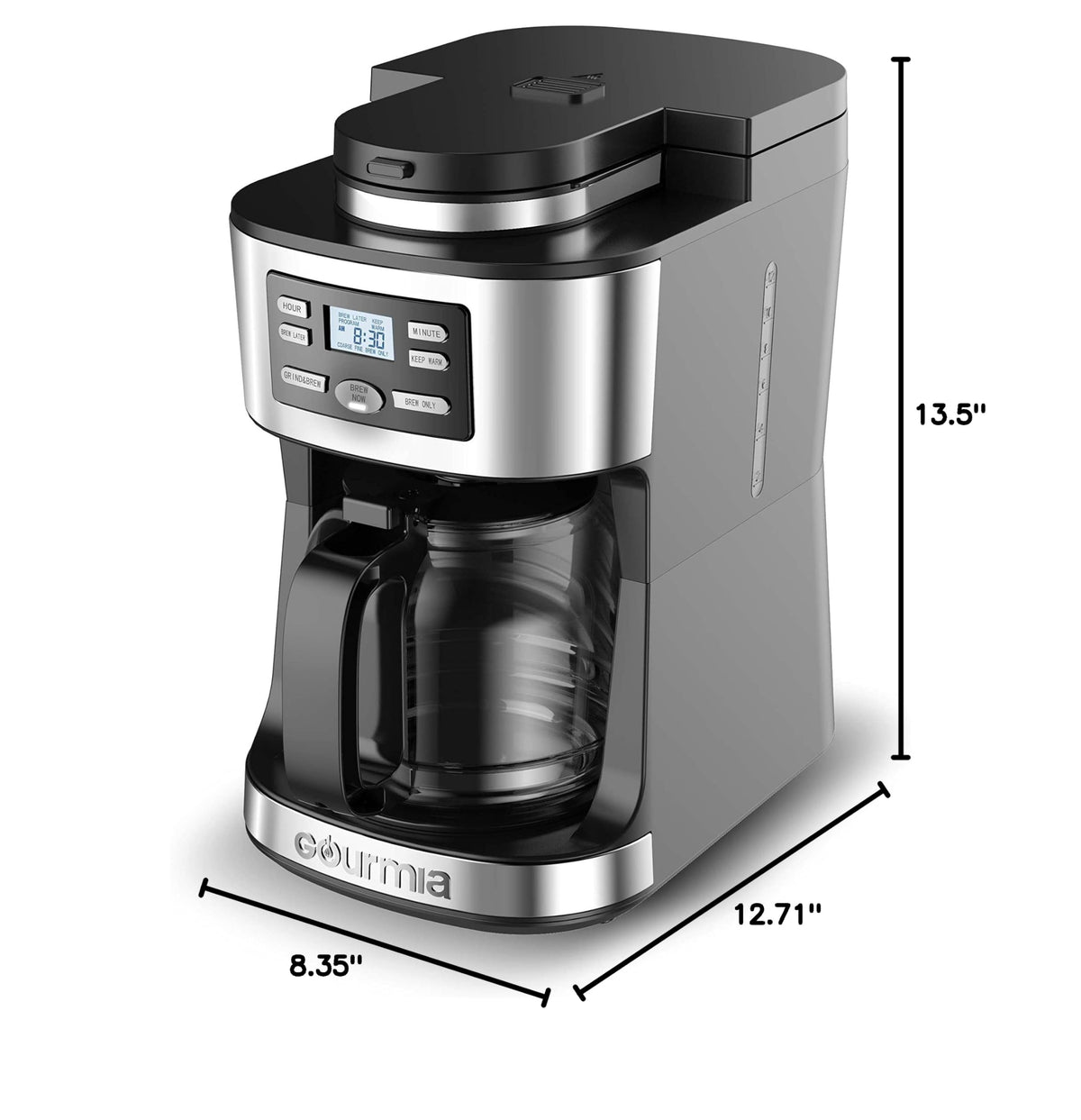 Gourmia Digital Coffee Machine 12Cup FullyAutomatic Large coffee maker integrated CoffeeGrinder,Pot,stainless steel mesh coffee filter 4Hr KeepWarm and Freshness Indicator GCM3180,Black and Silver