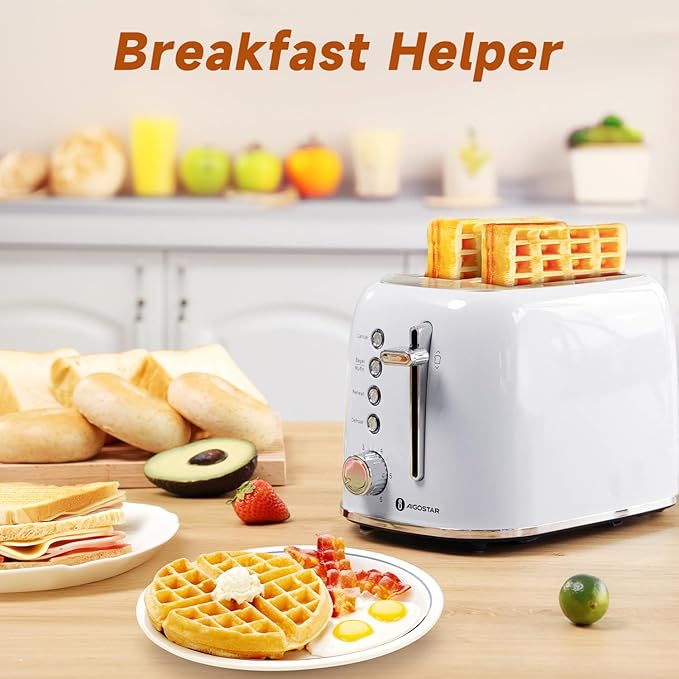 Aigostar Retro 2 Slice Toaster, Stainless Steel, White