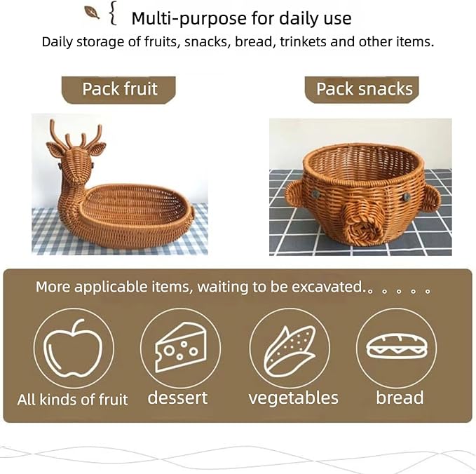 PSYCONES hand-woven round rattan basket storage basket storage box ornaments decorative basket multifunctional picnic food bread basket fruit gift basket key basket. (squirrel)