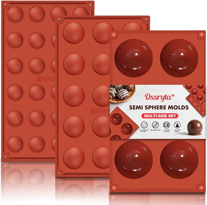 Ossryta 3Pcs Semi-Sphere Silicone Molds - Half Sphere Baking Mold Set for Chocolate Bombs, Dome Cakes, Candy, Jelly & Mousse - Reusable Non-Stick Chocolate Mold (6/15/24-Cavity)